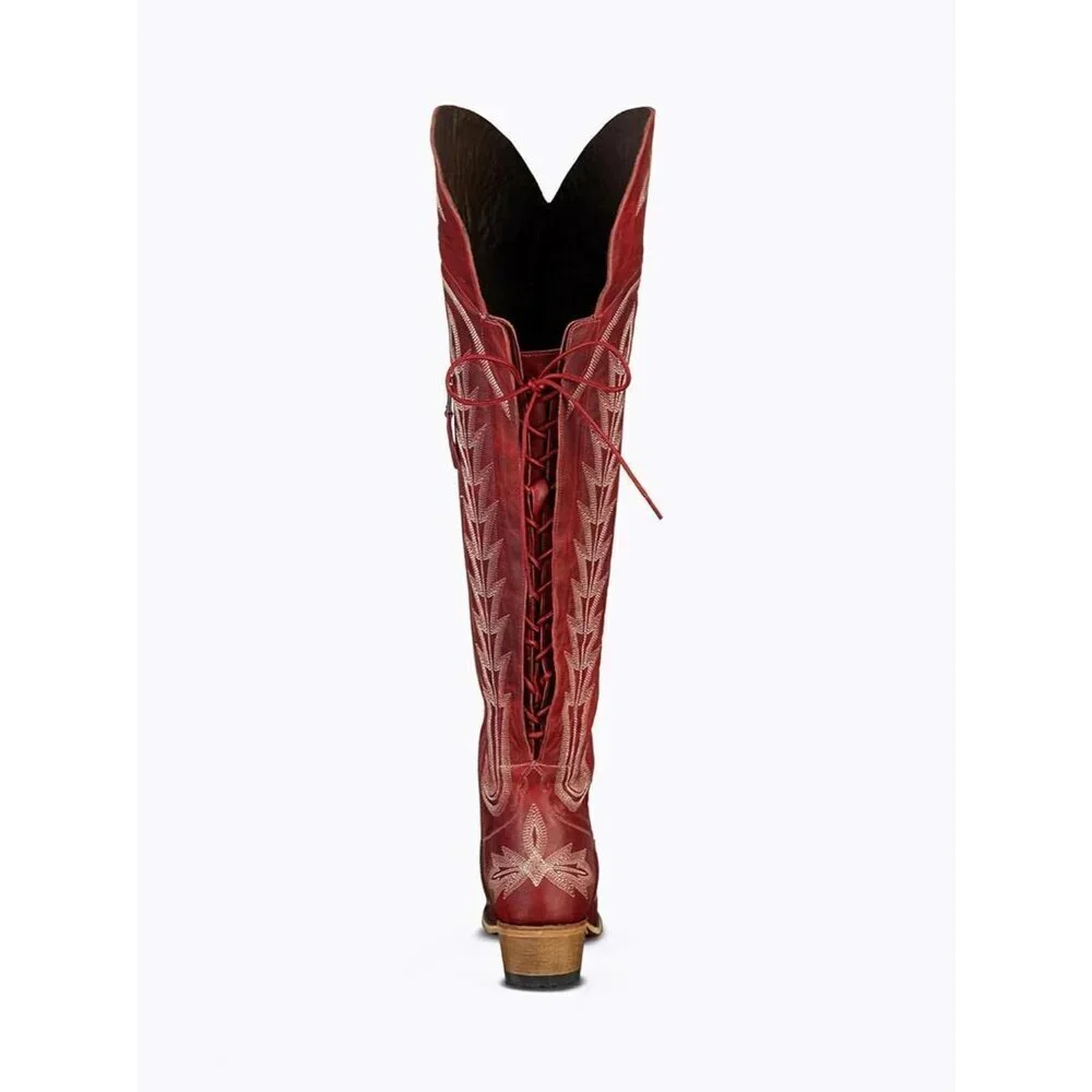 Women Red Polyurethane Over the Knee Cowboy Adjustable Thigh High Cowgirl Boots